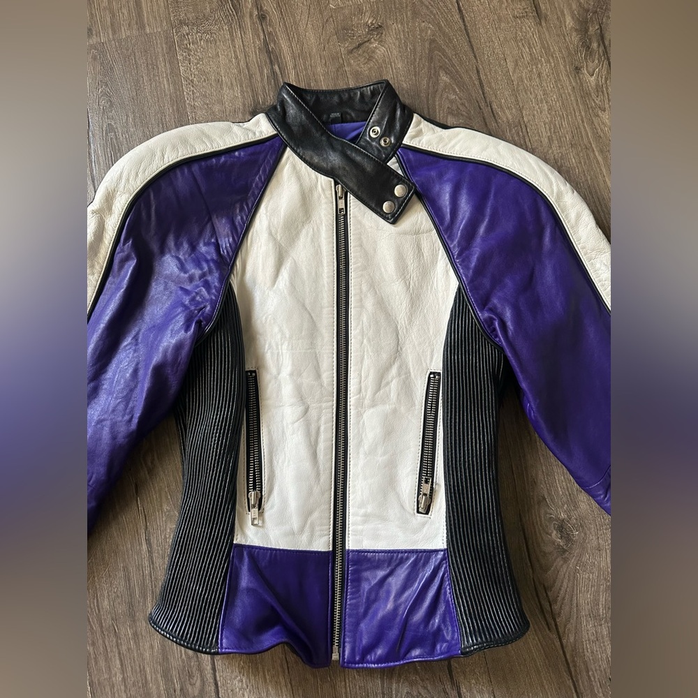 Michael Hoban North Beach Leather Moto Jacket Purple Checkered Black/white 3/4